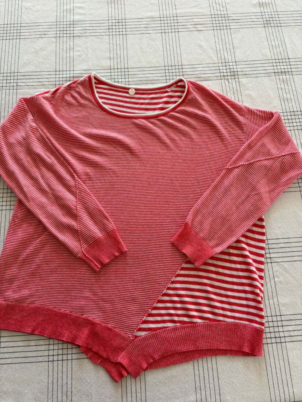 Margaret O'Leary Red White Asymmetric Striped Cotton Knit Pullover Sweater M